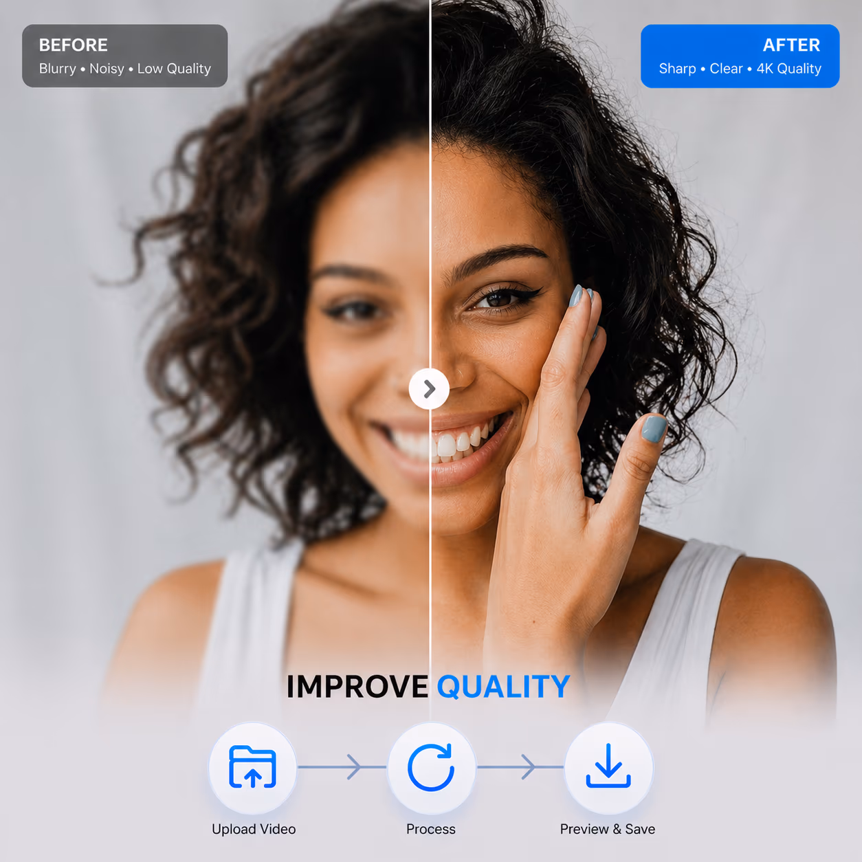 AI video enhancement workflow showing upload, resolution adjustment, and export steps