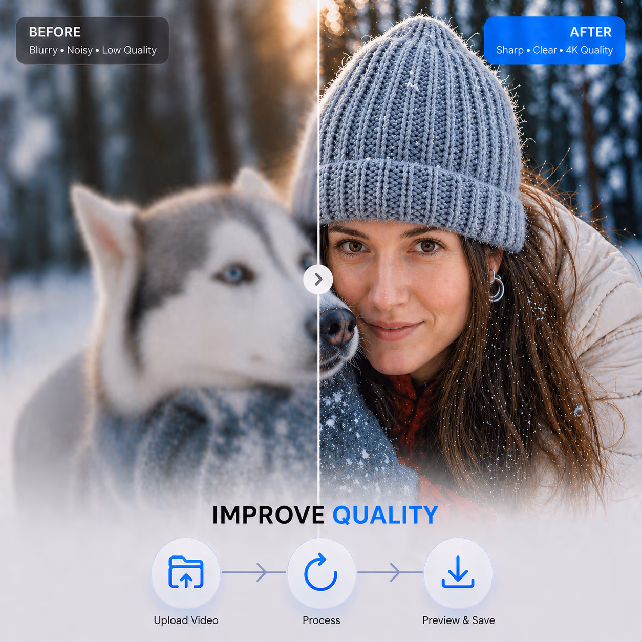 AI video unblurring workflow showing import, sharpening settings, and HD export