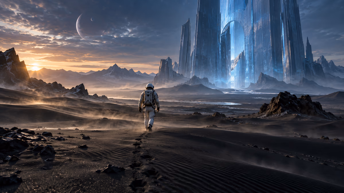 Astronaut walking across a black-sand alien desert toward a blue structure