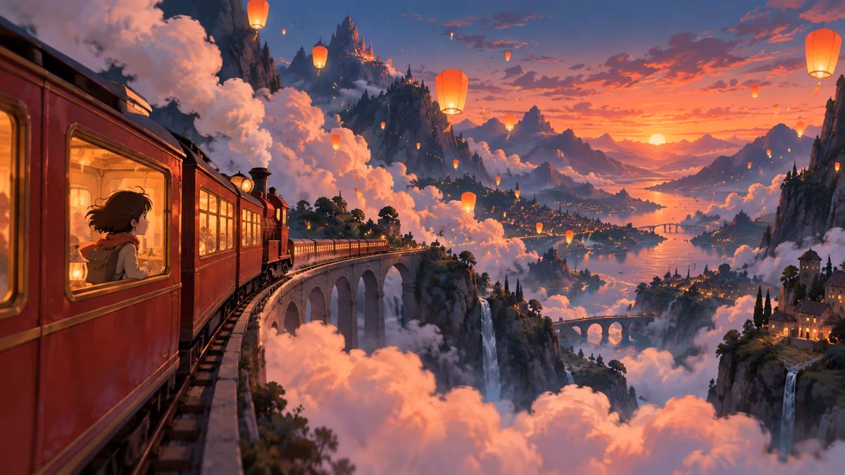 Small red train traveling through a fantasy cloud valley