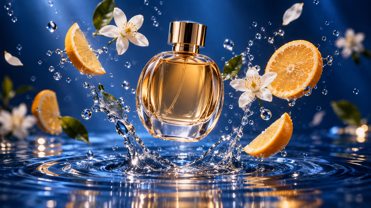 Unbranded perfume bottle floating above water with citrus and flowers