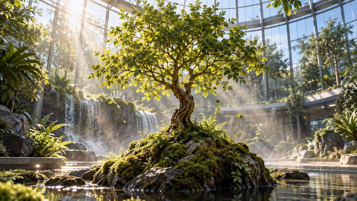 Green tree growing from a mossy stone in a glass atrium